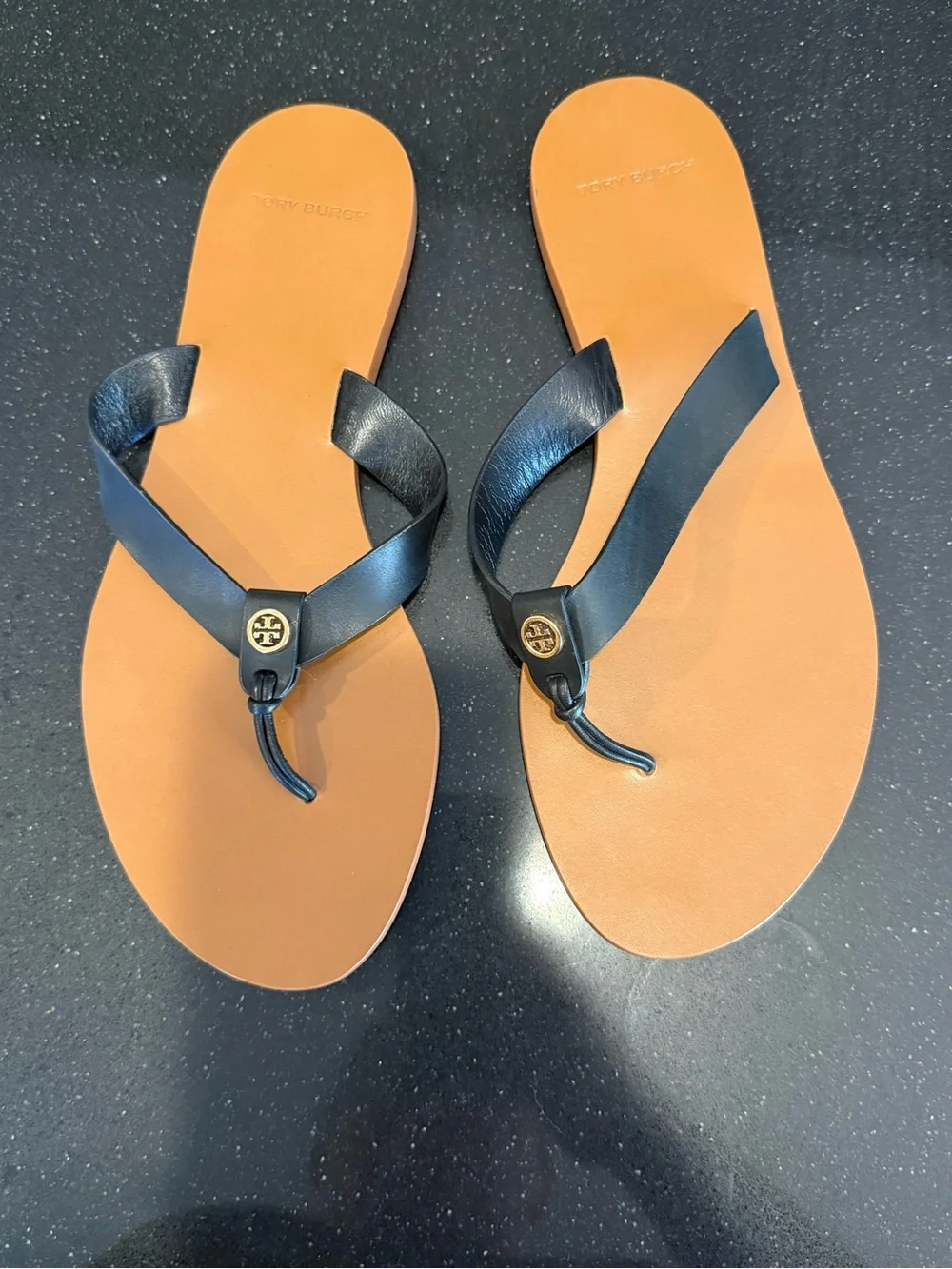 Tory Burch Black Leather Thong Sandals with Tan Footbed